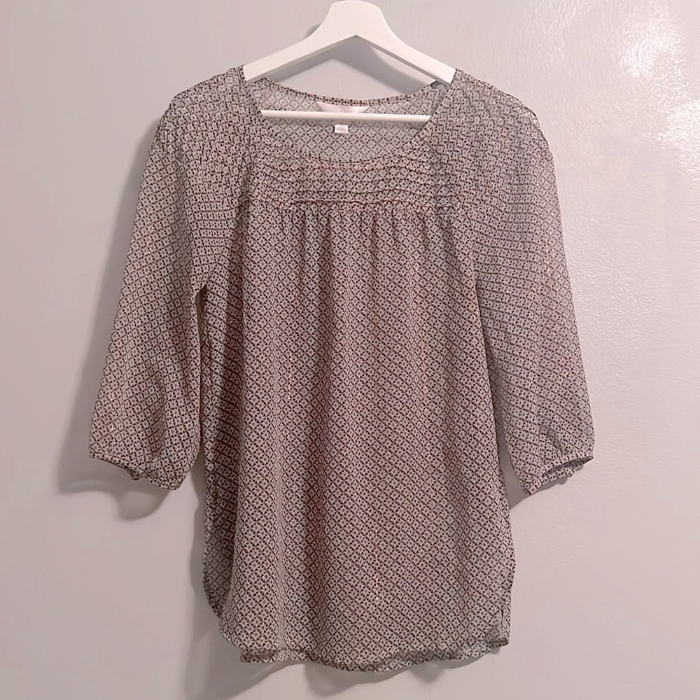 Lauren Conrad Women's Scoop Neck Pintuck Peasant Blouse Size S White Gold sheer